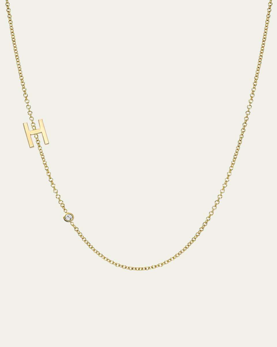 14k Gold Asymmetrical Initial and Bezel Diamond Necklace